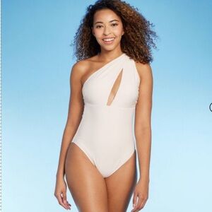 Shade & Shore Women's Ivory Cream One Shoulder Plunge Cut Out One Piece Swimsuit